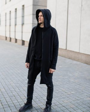 Black Zip up jumper for men and women with hood and side pockets 'WIND'