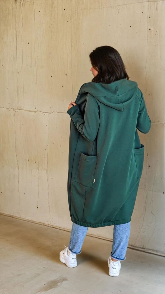 Comfy long jacket with big hood and zipper ‘DEW’