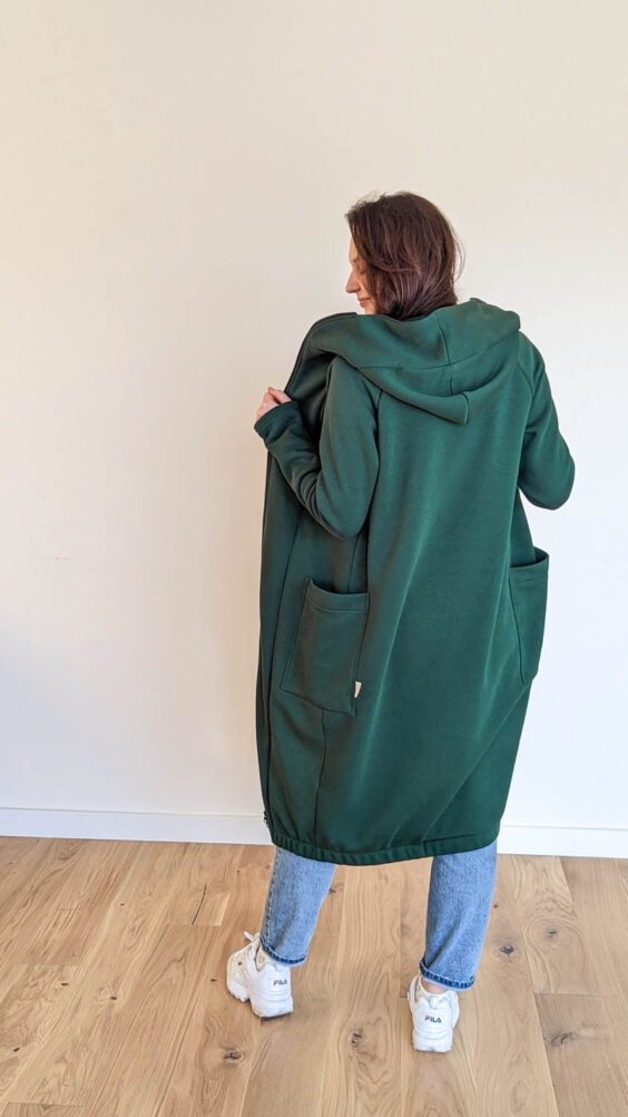 Comfy long jacket with big hood and zipper ‘DEW’