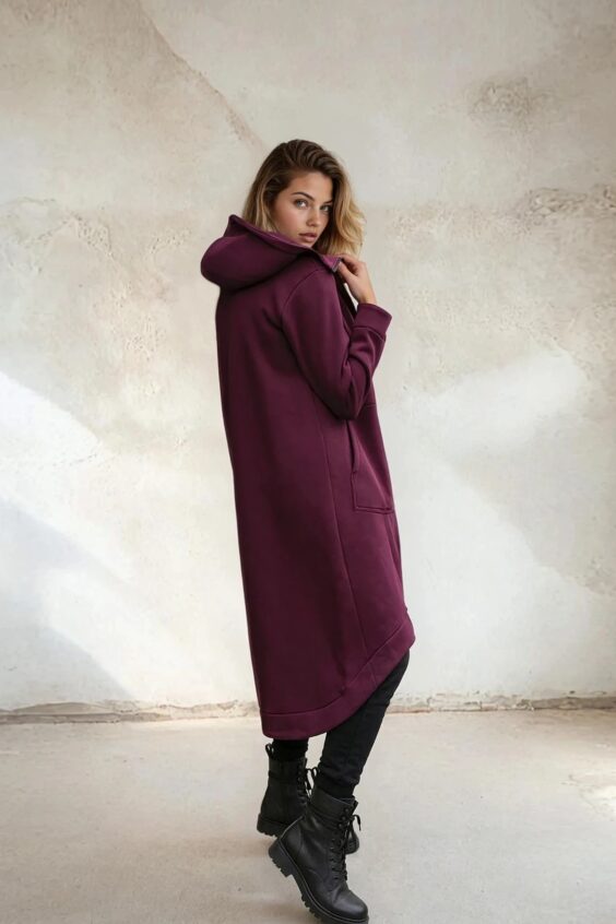 Comfy long jacket with hood, zipper and front pockets ‘DAWN’
